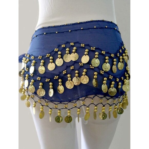 Women's Belly Dance Hip Scarf with 128 Gold Coins Blue Skirt for Zumba or Yoga - Picture 6 of 6